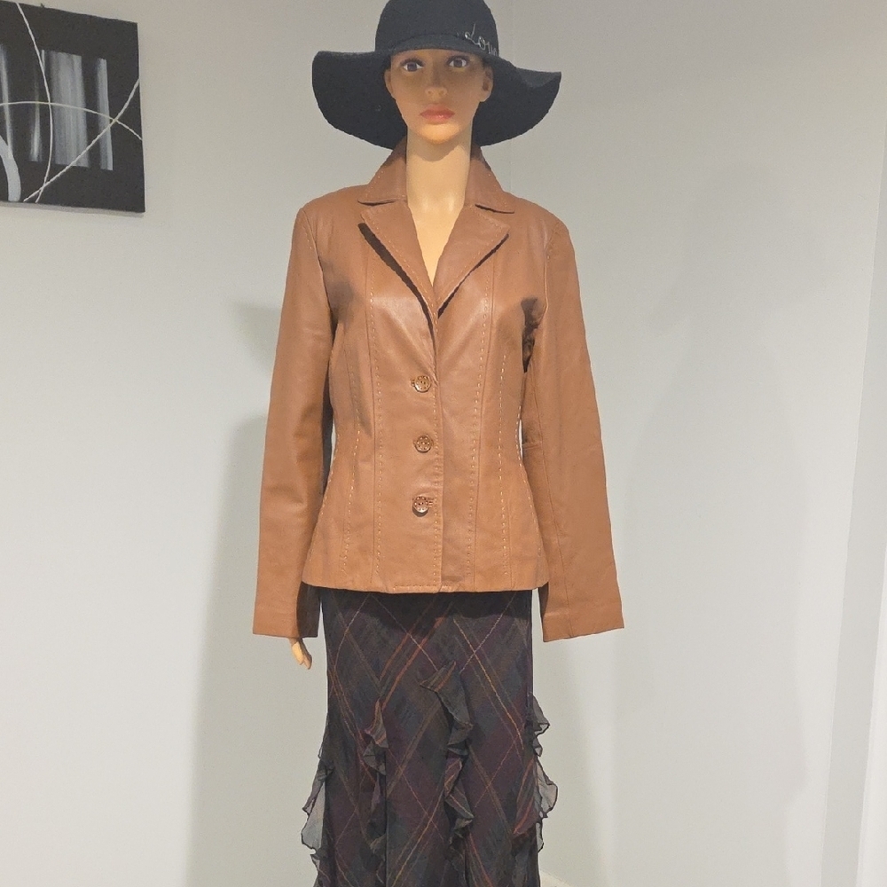 Chic Tan Genuine Leather Women's Blazer